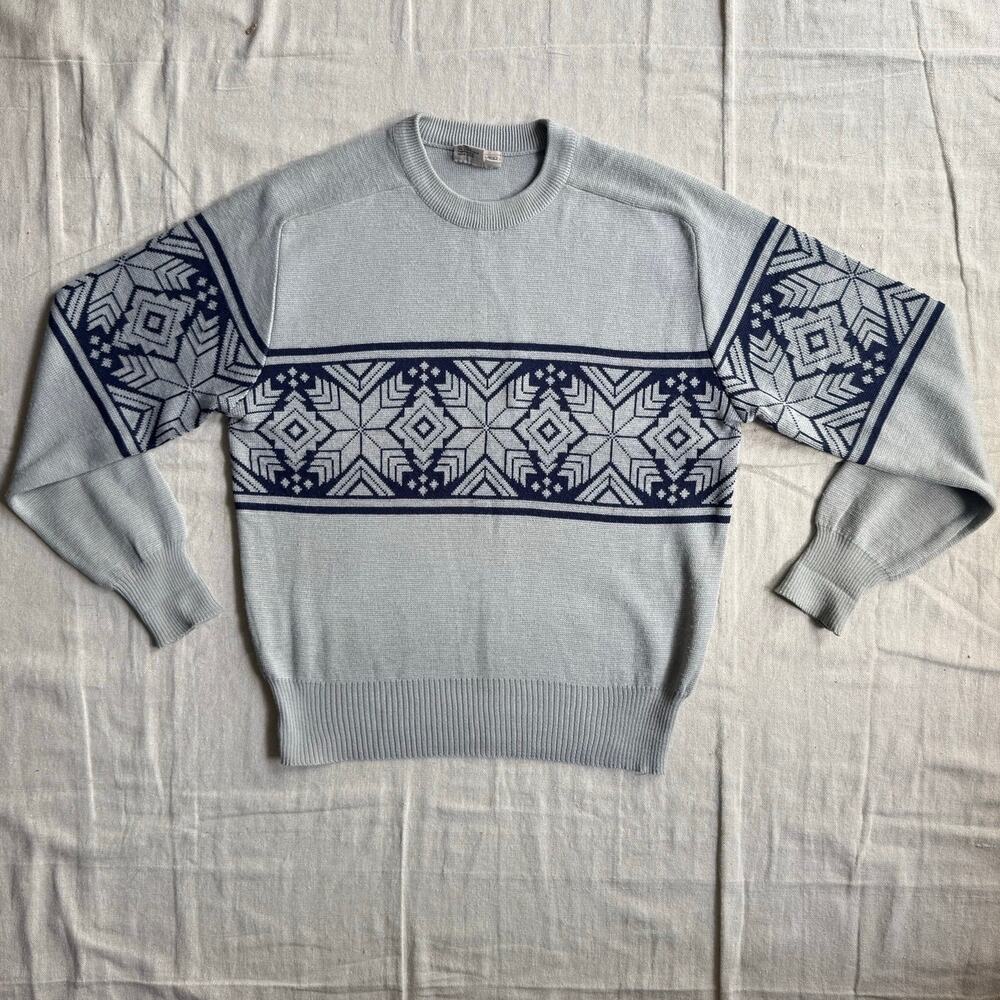 Vintage Knit Sweater Mens L Nordic Geometric Fair Isle Gray Wool Blend Obermeyer